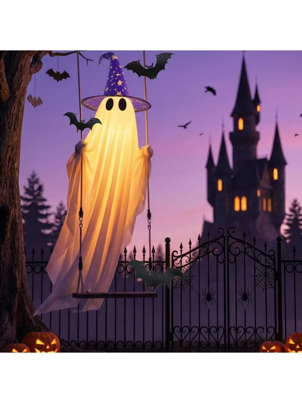 11 FT Light-Up Swinging Ghost Decor with Bat & Hat - Outdoor Halloween Yard